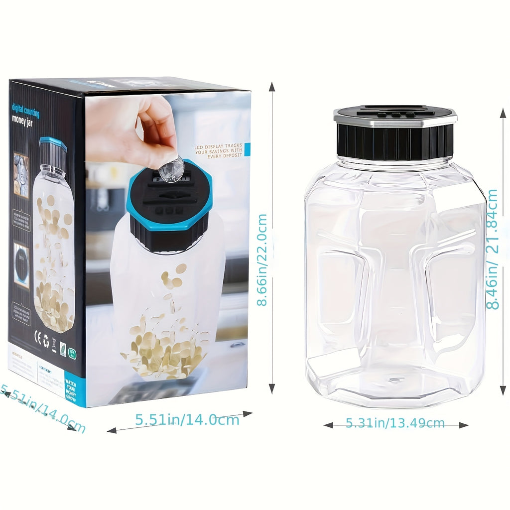 Extra-Large Adult Piggy Bank | Digital Coin Counting Jar with LCD Counter, 2.4-Liter Capacity, Displays Total Amount, Transparent Acrylic, Silvery