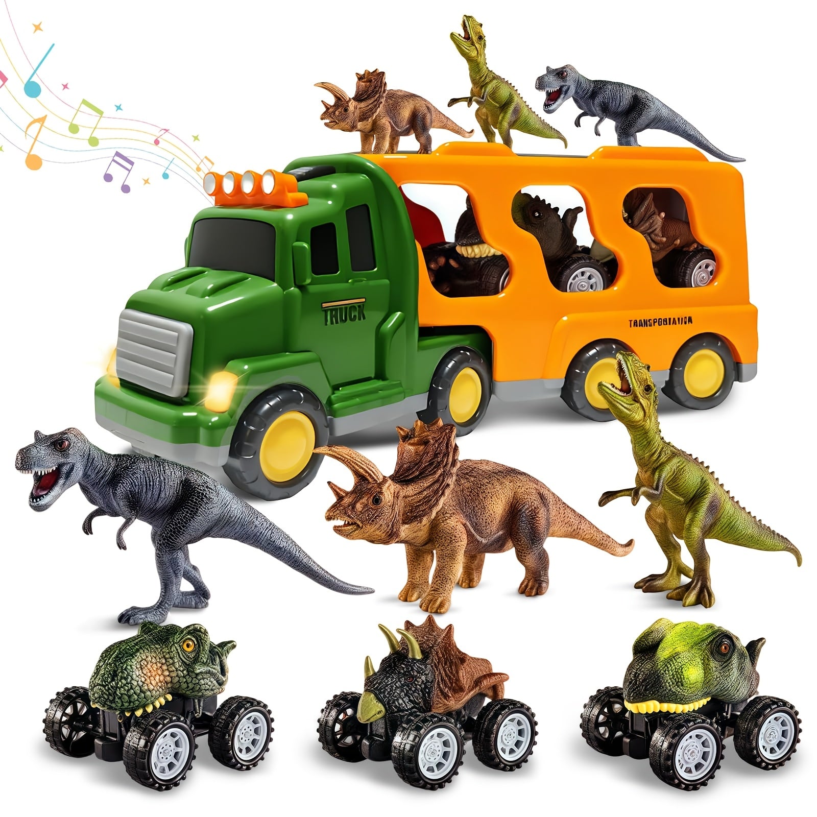Dinosaur Truck Toys for Boys And Girls, Transport Car with 3 Dino Figures, 3 Monster Cars, Lights And Sounds, Battery Powered Friction Vehicle, Perfect Gift, Educational Toys, Toy Truck, Dinosaur Toys