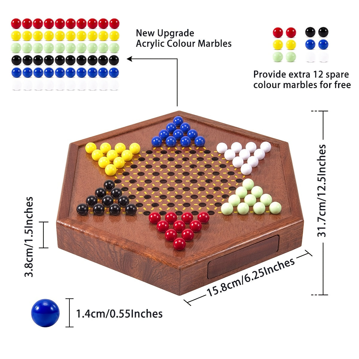 1 Set Deluxe Wooden Chinese Checkers Game - 12.5" Hexagonal Board with Storage Drawer, 60 Acrylic Marbles & 12 Spare - Classic Family Strategy Game for Home Gatherings - Perfect Gift for Family & Friends