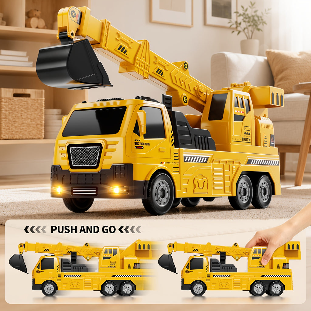 [Birthday Christmas Easter] BABY HOME 3-In-1 Crane & Excavator & Cars Racing Track Play Set for Aged 3+, Construction Vehicle Toy with Light & Sound, Birthday Christmas Easter Holiday Toy Gift
