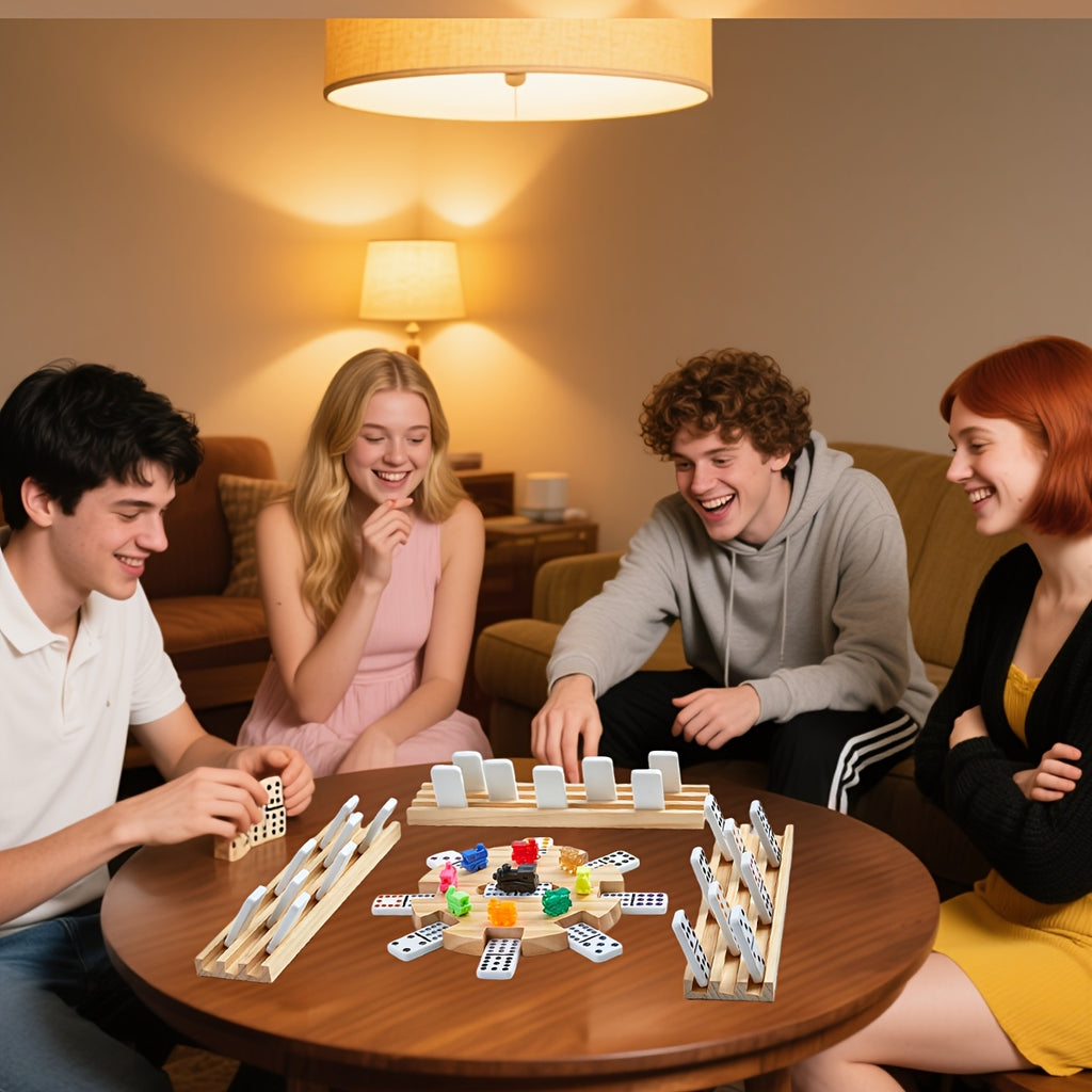 Mexican Train Dominoes Double 12 Game Set with 91 Colorful Tiles, 9 Model Trains & 4 Wooden Racks - Complete Board Game with EVA Suitcase, Strategy Family Party Game for Adults &, Classic Christmas/Halloween Gift, Durable Wood Construction & Travel-Friend