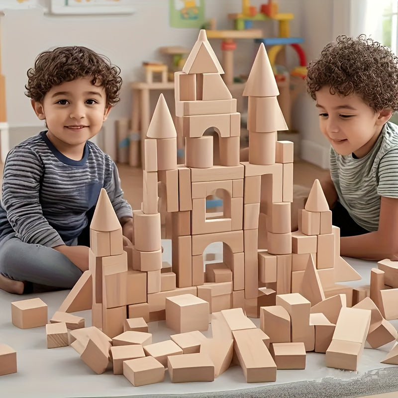 100pcs Solid Wood Block Set, Unpainted, Aiding Logical Thinking Development. Made of Beech Material, Suitable for 3-12 Year Old Children to Create Educational Toys. Boy Toy, Wooden Castle Set, Large Wooden Stacking Toy, Puzzle Toy, Toy