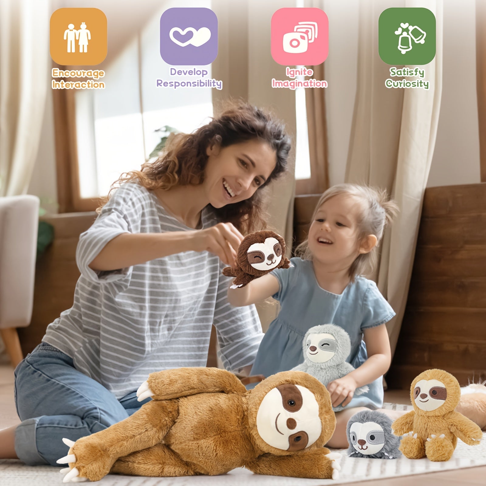 MaoGolan 5pcs Sloth Stuffed Animal Set, 22 Inch Large Stuffed Sloth Plushies with 4 Cute Small Sloth Toy, Realistic Bradypod Plush Toy for Boys Girls Kids, Ideal Gift for Christmas Birthday Halloween Children's Day