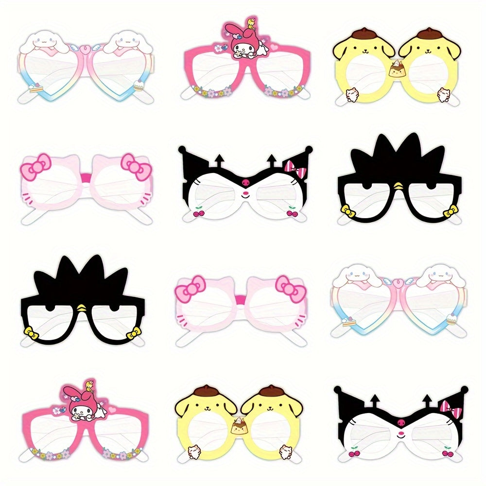 12pcs Sanrio Licensed Birthday Party Glasses Props Set Hello Kitty Kuromi My Melody Cinnamoroll Gudetama Themed Paper Photobooth Eyewear Decorations with No Feathers for Seasonal Holiday Party Favors
