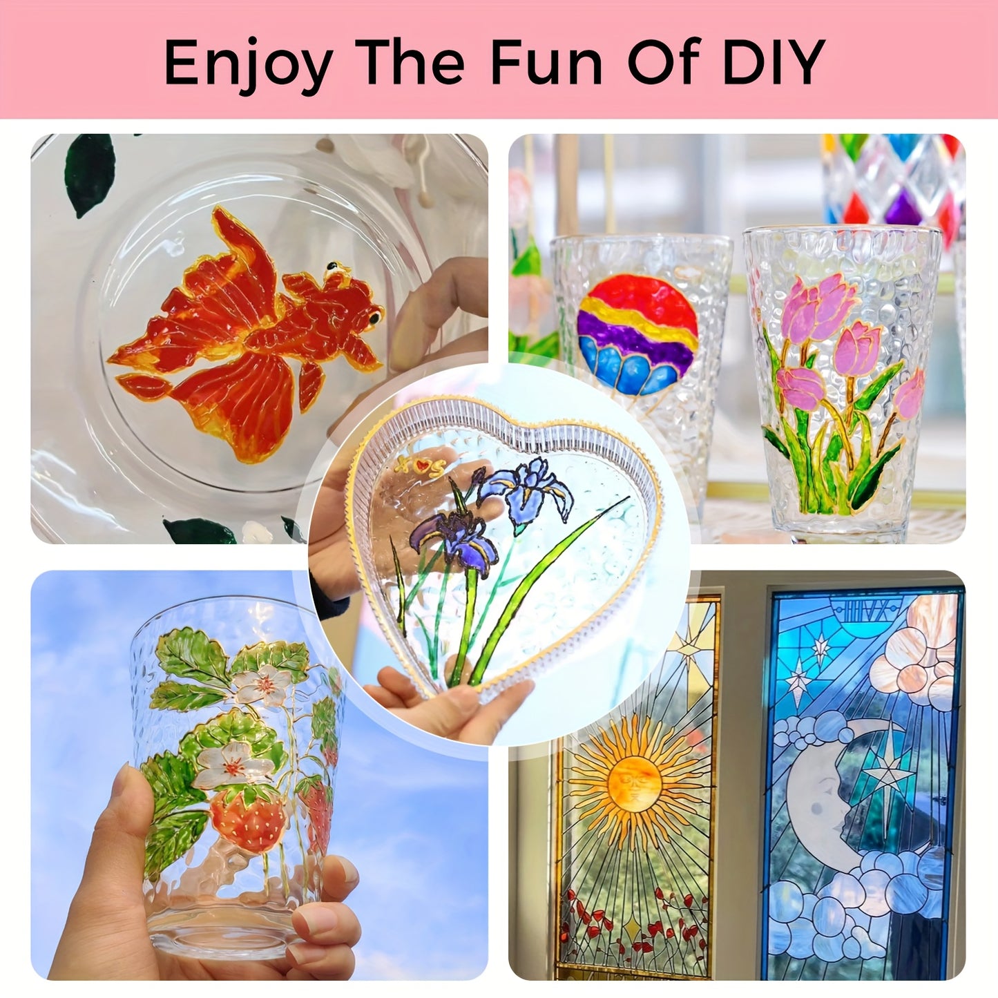 Stained Glass Painting Kit, Paint Acrylic Set Window Paint Set, Non Toxic, 12 Colors Paint On Transparent Glass Painting, Wine Glasses, for Artist Adults with 3 Brushes.