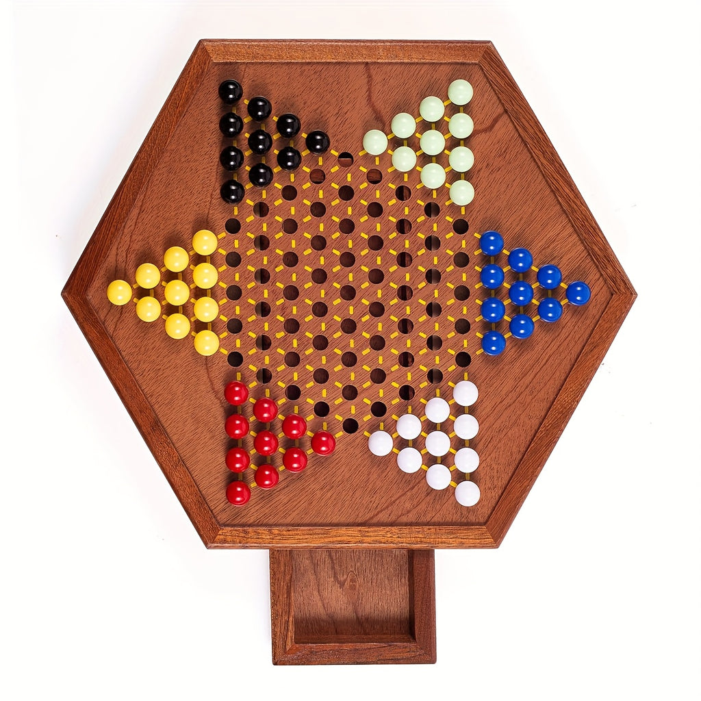 1 Set Deluxe Wooden Chinese Checkers Game - 12.5" Hexagonal Board with Storage Drawer, 60 Acrylic Marbles & 12 Spare - Classic Family Strategy Game for Home Gatherings - Perfect Gift for Family & Friends