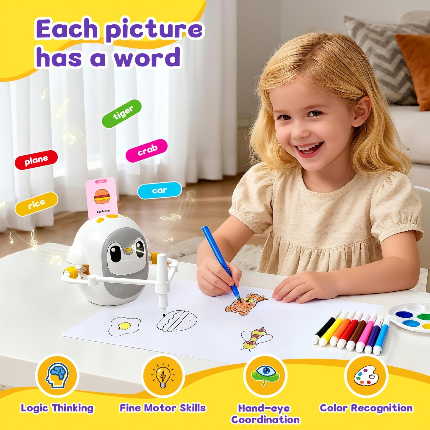Drawing Robot for Kids with 200 Learning Cards & 12 Color Pens | Interactive Educational Toy, Tablet-Free Drawing Game, Step-by-Step Lessons, Suitable for Boys & Girls Ages 3+, ABS Material, USB Charging