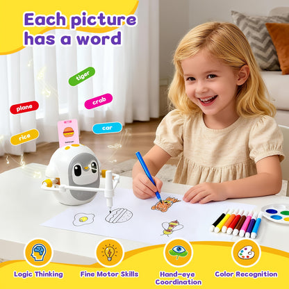 Drawing Robot for Kids with 200 Learning Cards & 12 Color Pens | Interactive Educational Toy, Tablet-Free Drawing Game, Step-by-Step Lessons, Suitable for Boys & Girls Ages 3+, ABS Material, USB Charging