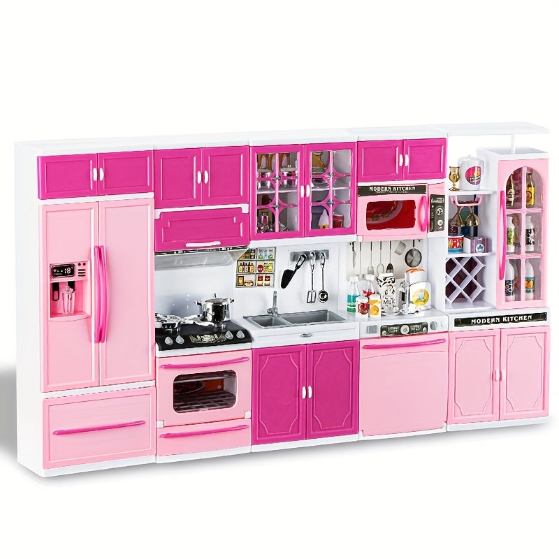 64pcs Pink Kitchen Toys with Realistic Lights & Sounds, Mini Furniture Pretend Playset for Kids, Doll Kitchen House Toy