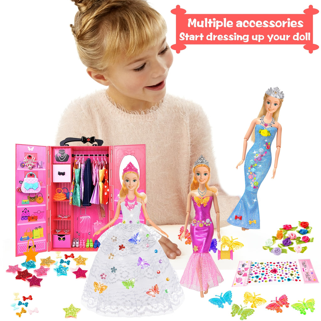 139pcs 11.5 Inch Doll Closet Wardrobe Clothes And Accessories Play Set Including Wedding Dress, Outfits, Shoes, Hangers, Necklaces And DIY Stickers.Christmas Gift for Ages 3+