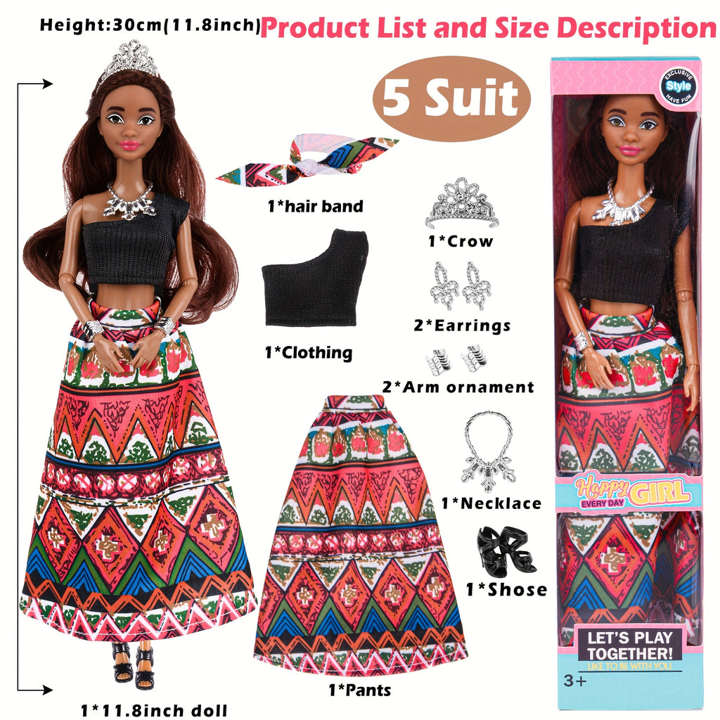 [Girls' Party Favors] 6pcs Fashion 11.5 Inch African American Black Toy Girl Doll Play Set, Curly Hair with Wearing Removable Dress & Accessories, Variety Pack for Kids, Girls' Party Favors