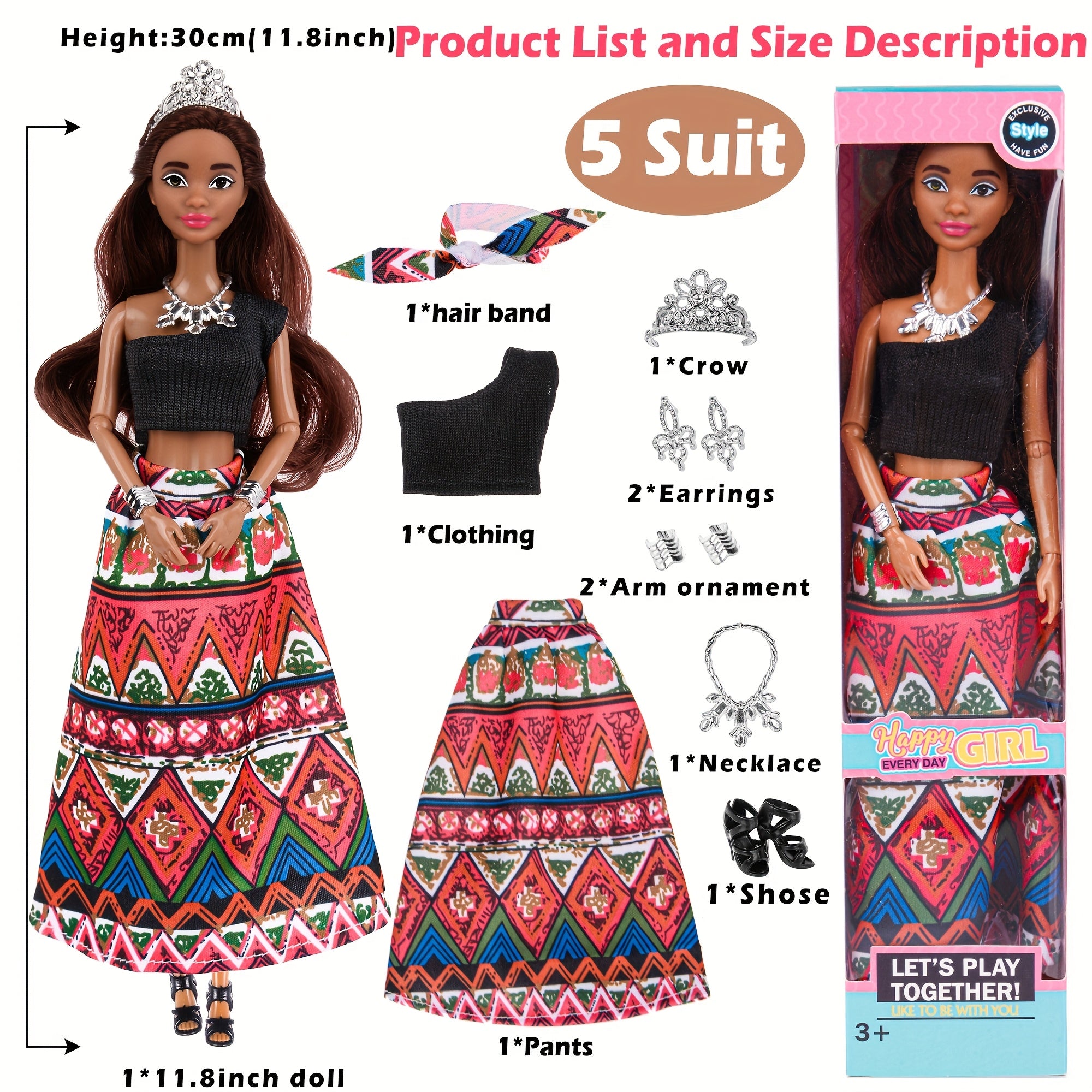 [Girls' Party Favors] 6pcs Fashion 11.5 Inch African American Black Toy Girl Doll Play Set, Curly Hair with Wearing Removable Dress & Accessories, Variety Pack for Kids, Girls' Party Favors