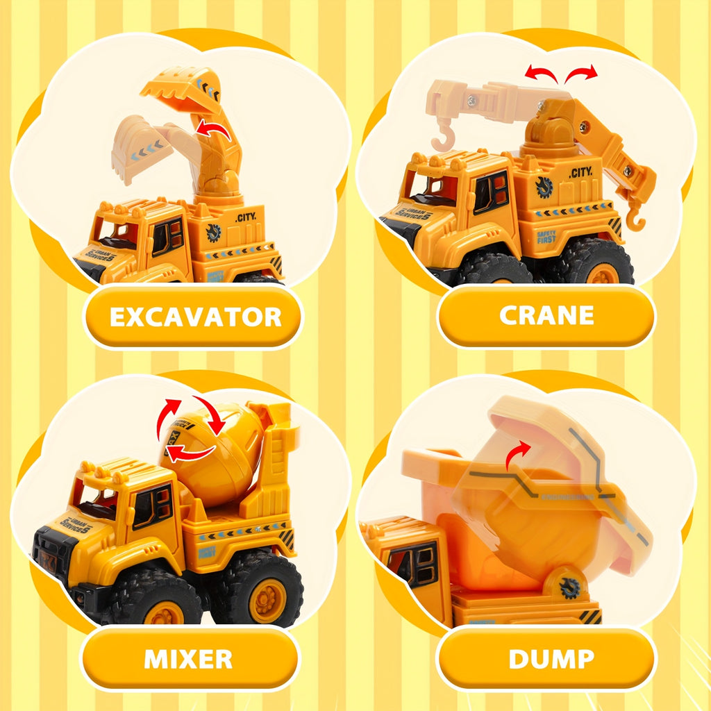 4pcs STEM Children's Construction Toy Vehicle Kit, Sandbox Excavator Construction Truck Dump Crane Cement Mixer, Encourages Hands-on Learning Imaginative Play-Perfect Gift for Halloween, Christmas