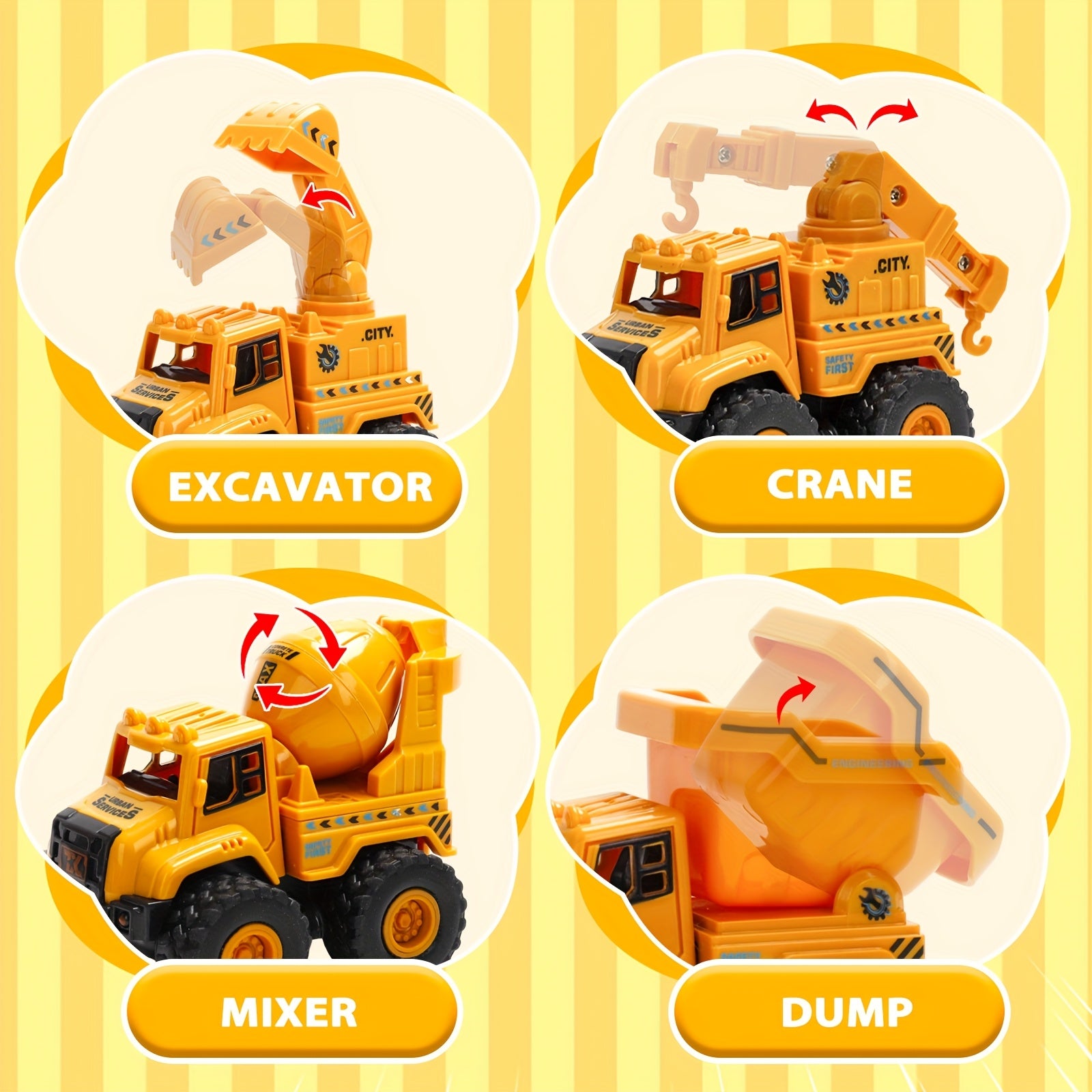 4pcs STEM Children's Construction Toy Vehicle Kit, Sandbox Excavator Construction Truck Dump Crane Cement Mixer, Encourages Hands-on Learning Imaginative Play-Perfect Gift for Halloween, Christmas