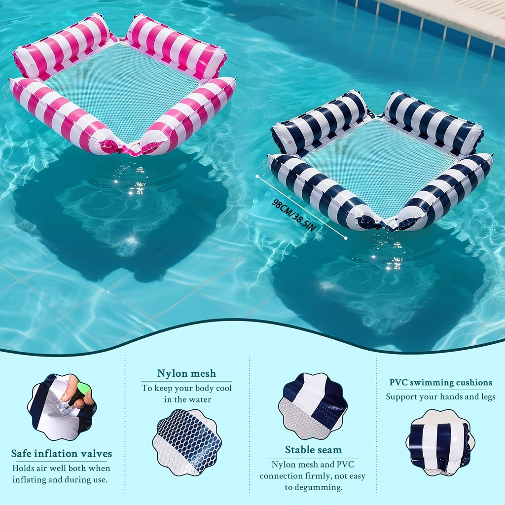 2/3pcs Adult Inflatable Pool Float Bed, Floating Pool Chair with Cooling Mesh, 110Cm/43.3In Portable Foldable Seat, Beach Vacation Essential, Striped Adult Float Bed, Inflatable Swim Ring