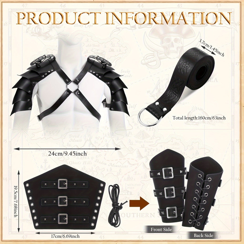 Unisex 4pcs/Set Halloween Adults PU Leather Double Shoulder Cover Cape, Faux Leather Arm Guards Medieval Knight Belt for Cosplays Men&Adult