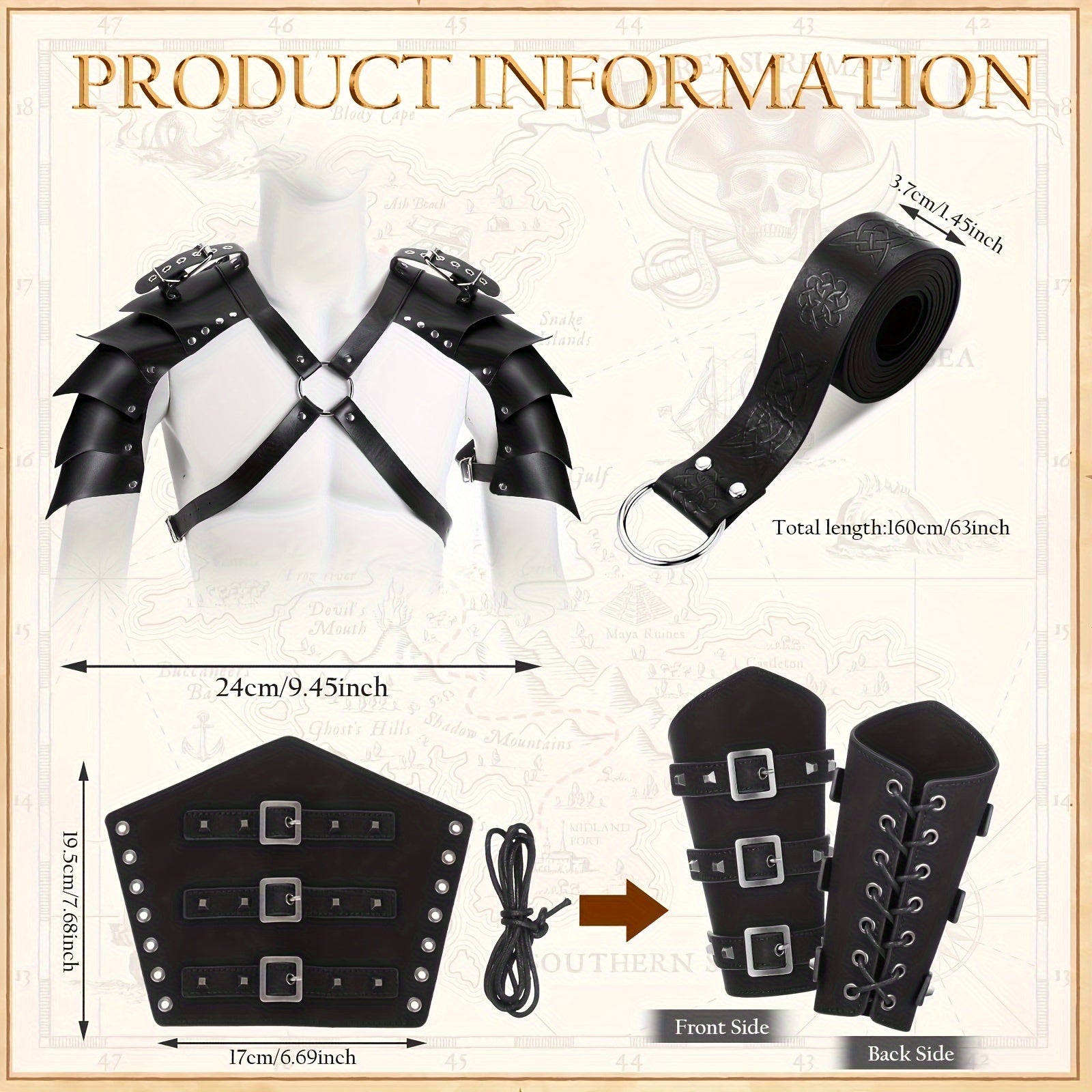 Unisex 4pcs/Set Halloween Adults PU Leather Double Shoulder Cover Cape, Faux Leather Arm Guards Medieval Knight Belt for Cosplays Men&Adult