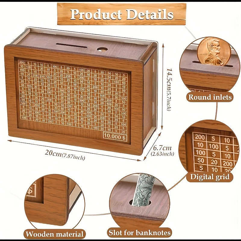 2 Sets - Wooden Savings Bank with Digital Counter, 7.87 X 5.7 Inches - Adult Savings Goal - Holds $10, 000 Coins - Ideal Gift for Friends - High Quality Wooden Savings Bank