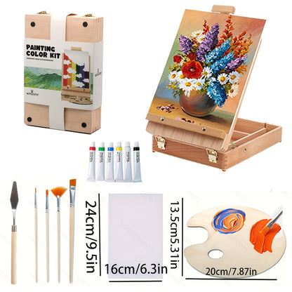 14pcs New Outdoor Painting Set Painting Box, Sketch Box, Portable Adjustable Wooden Tabletop Easel, Including Paint, Tray, Canvas, 4 Pens, Shovel