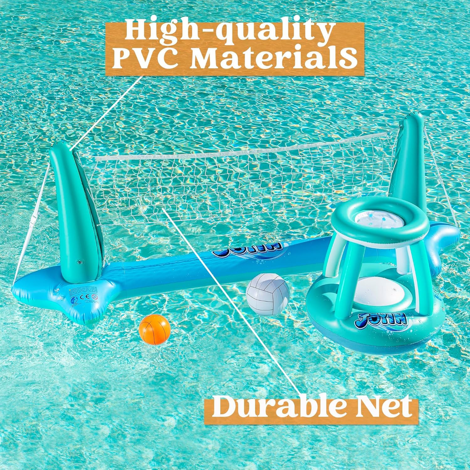 SYNCFUN Inflatable Pool Float Set Volleyball Net & Basketball Hoops, Floating Swimming Game Toy for Kids And Adults, Summer Floaties, Pool Party Games & Activities, Volleyball Court (105''x28''x35'') Basketball (27''x23''x27''), L-Blue