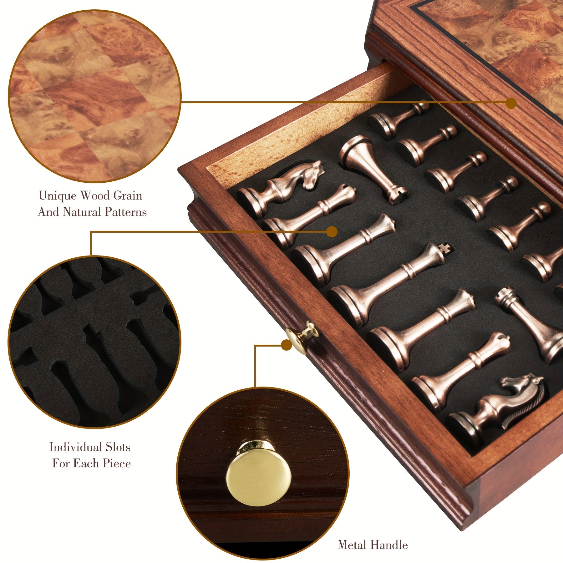 12 Inch Wooden Chess Set, Metal Chess Pieces And 2 Built-in Storage Drawers, 2.5" Kings 2 Extra Queens Suitable for Beginners, Adult Vintage Mahogany Chess Game, Christmas Gifts
