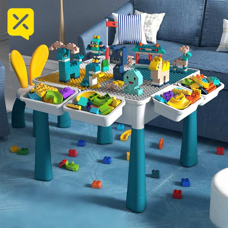 Kids All-in-One Activity Table - Multifunctional Kids Play Table with Building Blocks - Durable ABS Plastic Construction, Space-Saving Corner Design with Green Legs & White Tabletop - Suitable As Halloween, Christmas, Thanksgiving, New Year's Day
