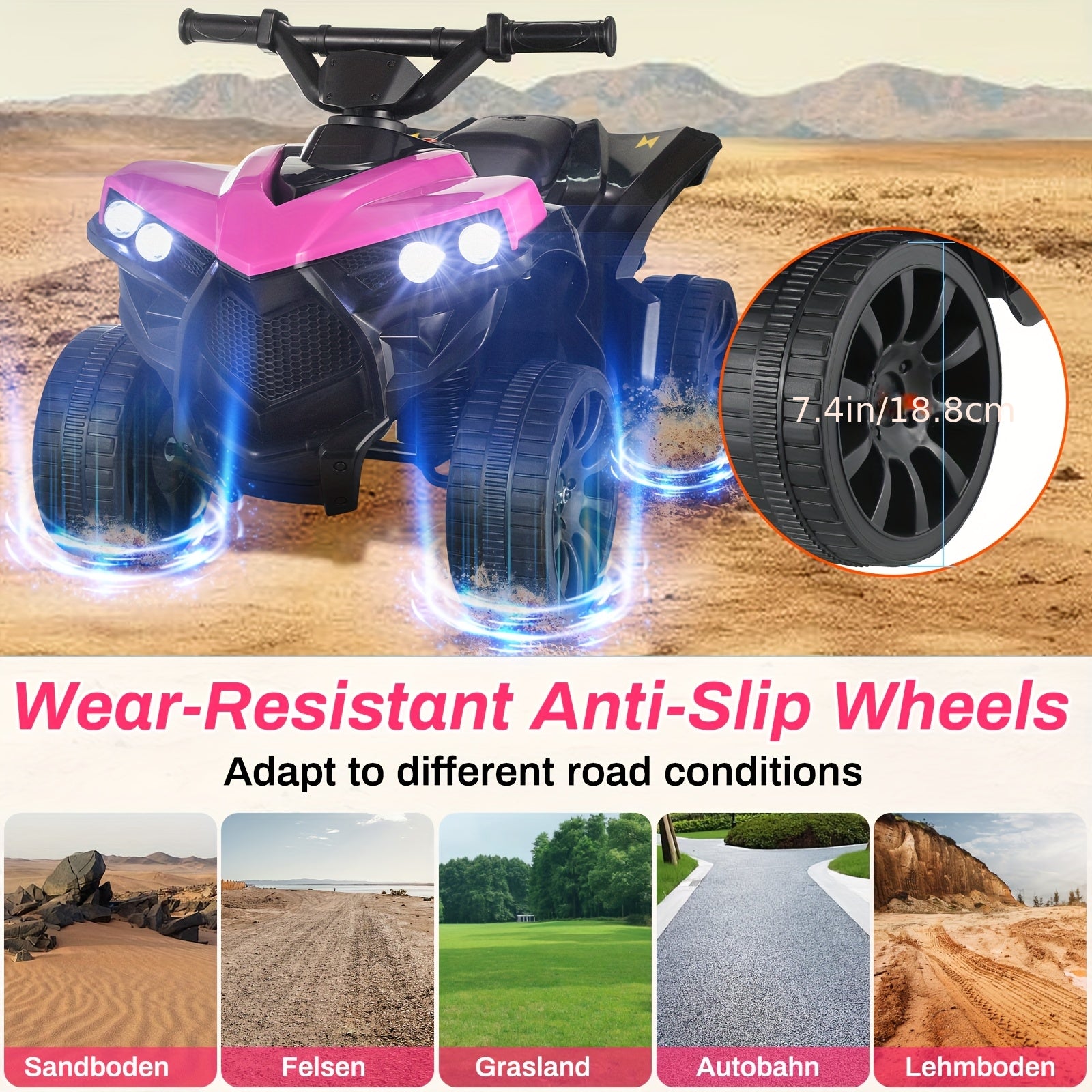 6V Kids Ride on Toy, 4-Wheeler Quad ATV Play Car W/1.86MPH Max Speed, Treaded Tires, Rubber Handles, Headlights, Pedal Accelerator (Pink)- Halloween Christmas Birthday Gift for Boys&Girls