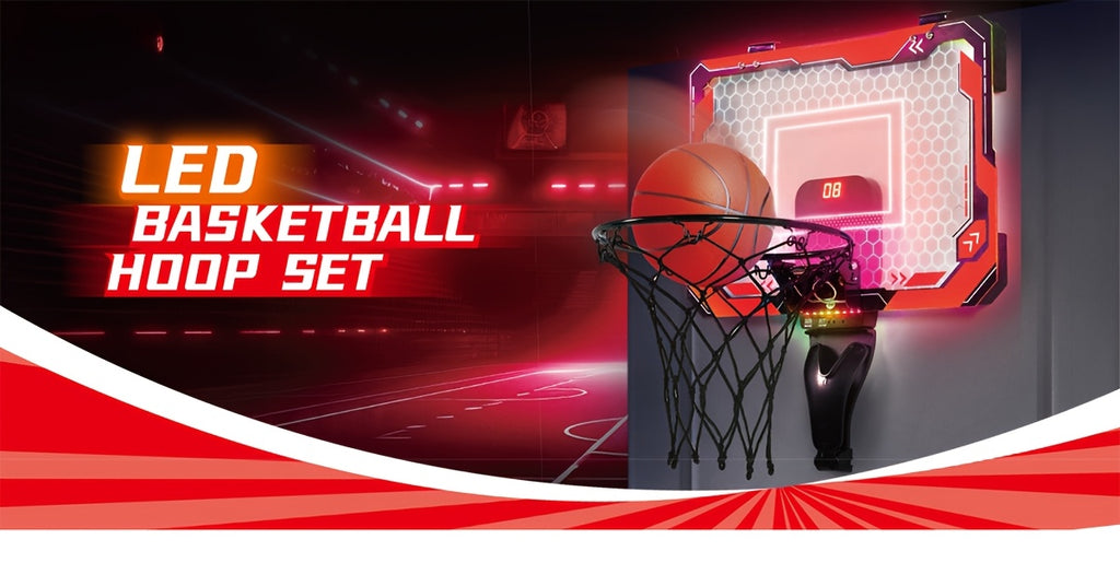 Mini Indoor Basketball Hoop, Light Up Over The Door Basketball Hoop for Kids with Scoreboard & 4 Balls, Bedroom Indoor Basketball, Basketball Toys Gifts for Boys Girls Ages 3 and UP(Red)