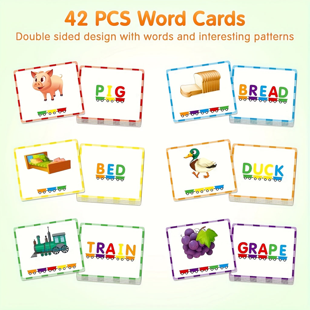 Magnetic Wooden Alphabet Train Sets, 27pcs ABC Letter Learning Toy Trains with 42pcs Flash Cards, 1 Engine, 1 Storage Bag, Kids Boys Girls Educational Toys for 3 4 5 6