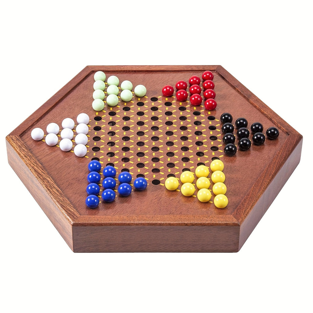 1 Set Deluxe Wooden Chinese Checkers Game - 12.5" Hexagonal Board with Storage Drawer, 60 Acrylic Marbles & 12 Spare - Classic Family Strategy Game for Home Gatherings - Perfect Gift for Family & Friends