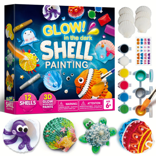 A Set of 12 Ocean-Themed Art Supplies for Kids, Featuring Glow-In-The-Dark Sea Shell Painting Kits. These Non-Toxic Paints Make for Great Multi-Item Party Favors, Ideal for Creative STEM Art Projects, Suitable for Both Boys And Girls
