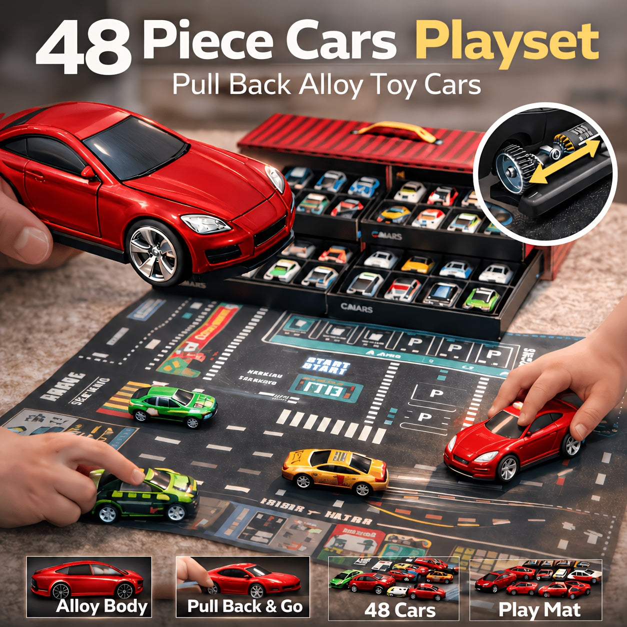48pcs Racing Car Toy Set for Boys Age 3+, Friction Powered Mini Cars with 4-Level Garage & Track, All-In-One Play Gift