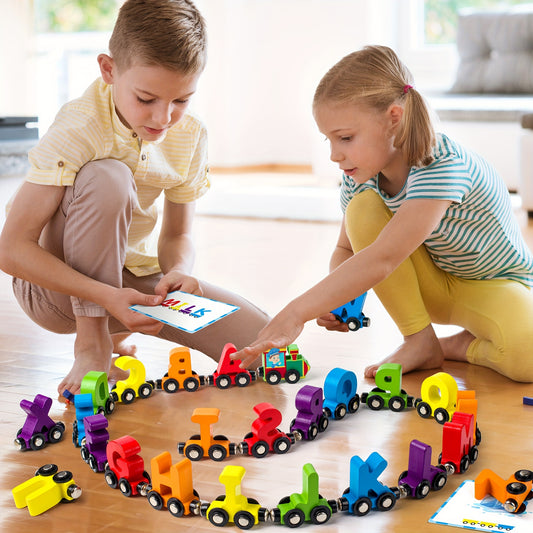 Magnetic Wooden Alphabet Train Sets, 27pcs ABC Letter Learning Toy Trains with 42pcs Flash Cards, 1 Engine, 1 Storage Bag, Kids Boys Girls Educational Toys for 3 4 5 6