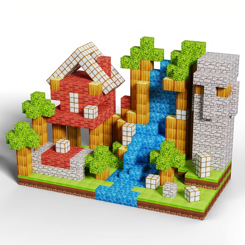 130pcs-Magnetic Building Blocks Set with Magnetic Base - STEM Learning Toys for Kids Ages 3-6, Magnetic Construction Set with Interlocking Bricks, Large And Small Blocks, Stable Magnetic Base, Building Blocks Set