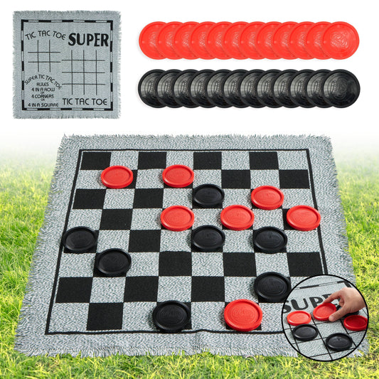 3-in-1 Vintage Giant Checkers Toy for Kids, Party Supplies for Kids, Tic, Tac, Toe, with Reversible Mat, 24 Chips, Family Board Game, Lawn Game, BBQ Party Favor, Indoor And Outdoor Activities, Cool Easter Birthday Gifts for Boys And Girls Age 3+