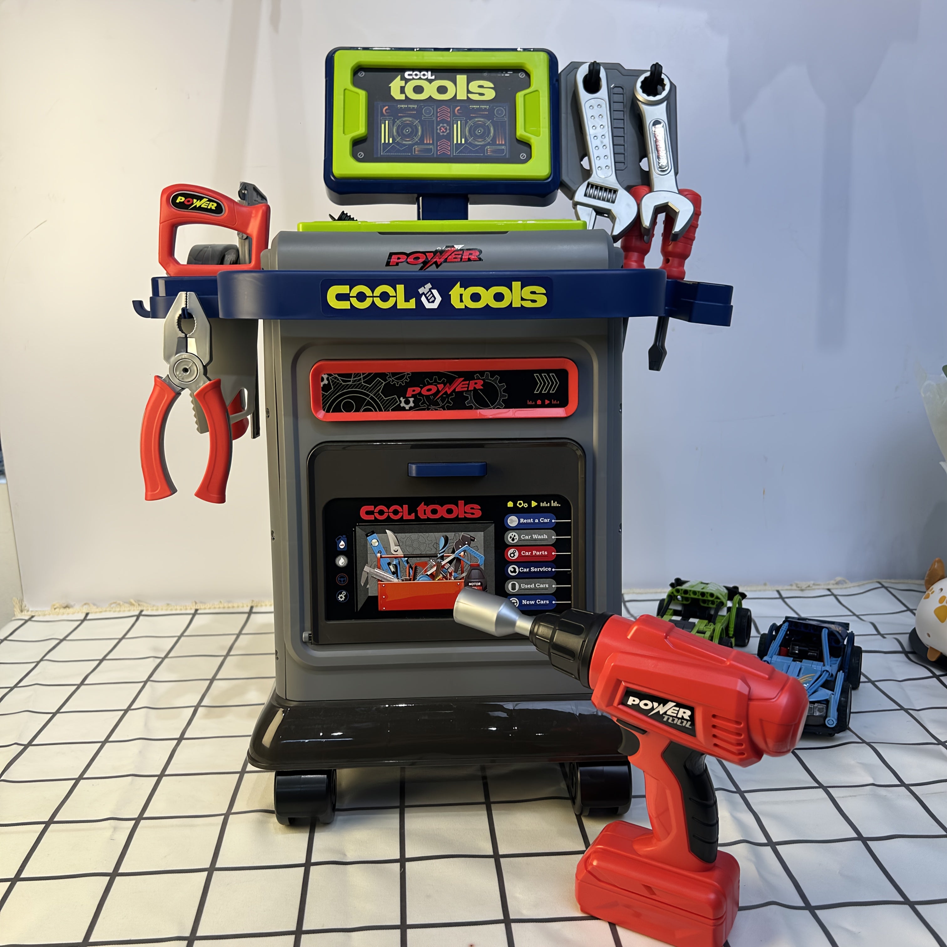 THCBME Kids All-in-One Tool Kit with 41+ Accessories, Folding Workbench & Electric Drill Toy - STEM Engineering Playset with Storage, Interactive Construction Playbench with Tool Storage, Realistic Role-Play Set for Boys & Girls Ages 3-5, - Drill with Gua