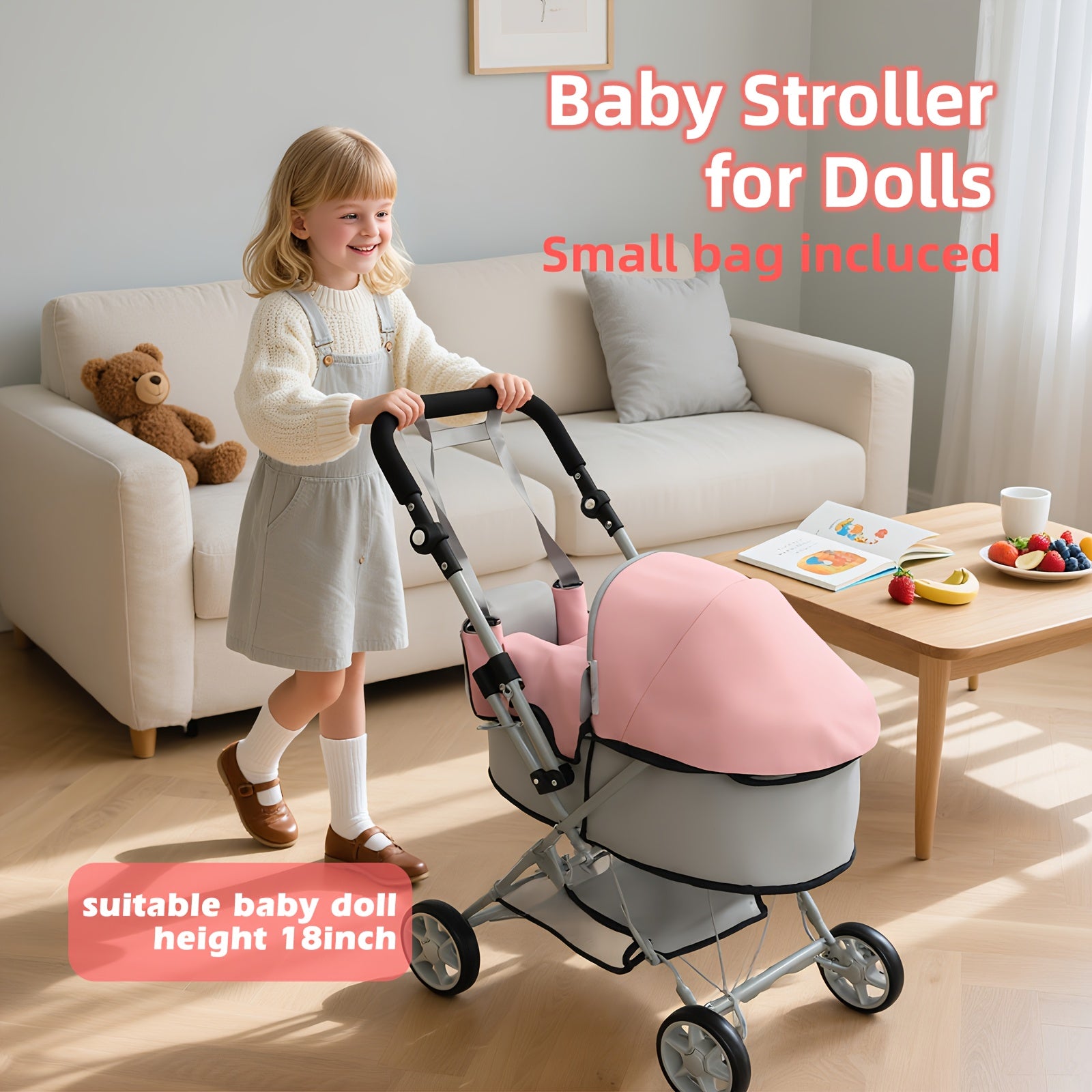 Novocreation Adjustable Height & Foldable for doll Stroller - Light Gray/Pink, 16-20 Inch for dolls, Durable Plastic with Storage Basket & Ergonomic Handle, Ideal Gift for Doll Accessories, for doll Stroller, Playful Design, Sturdy Construction