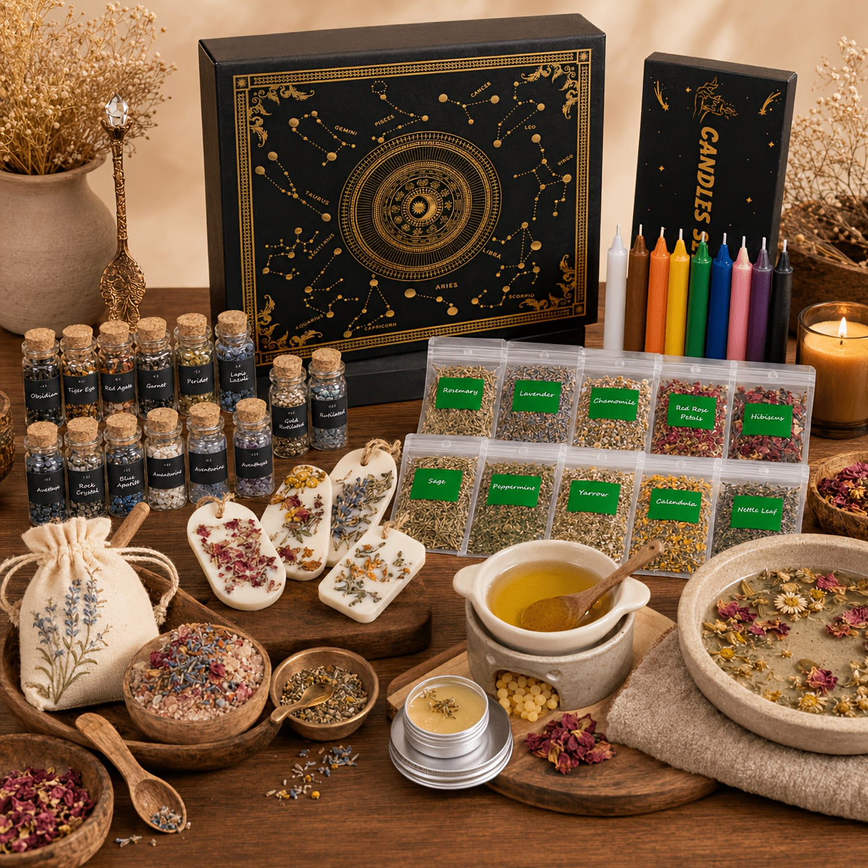 60pcs Witchcraft Supplies Kit for Beginners, Not Edible, Wiccan Supplies And Tools with Crystals Candles, Witch Altar Spell Set for Rituals, Energy Cleansing, Dried Flowers for Crafts, Witchy Gifts Box for Women, for Halloween