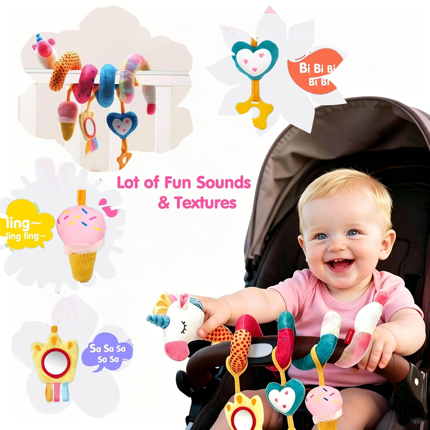 Car Seat Toys for Youngsters 0-6 Months Girl - Youngsters Toys 3-6 Months - Rattle, Mirror, Crinkle, Squeaky Carseat Stroller Toys 0-6 Months Developmental Youngsters Youngsters Girl Gifts