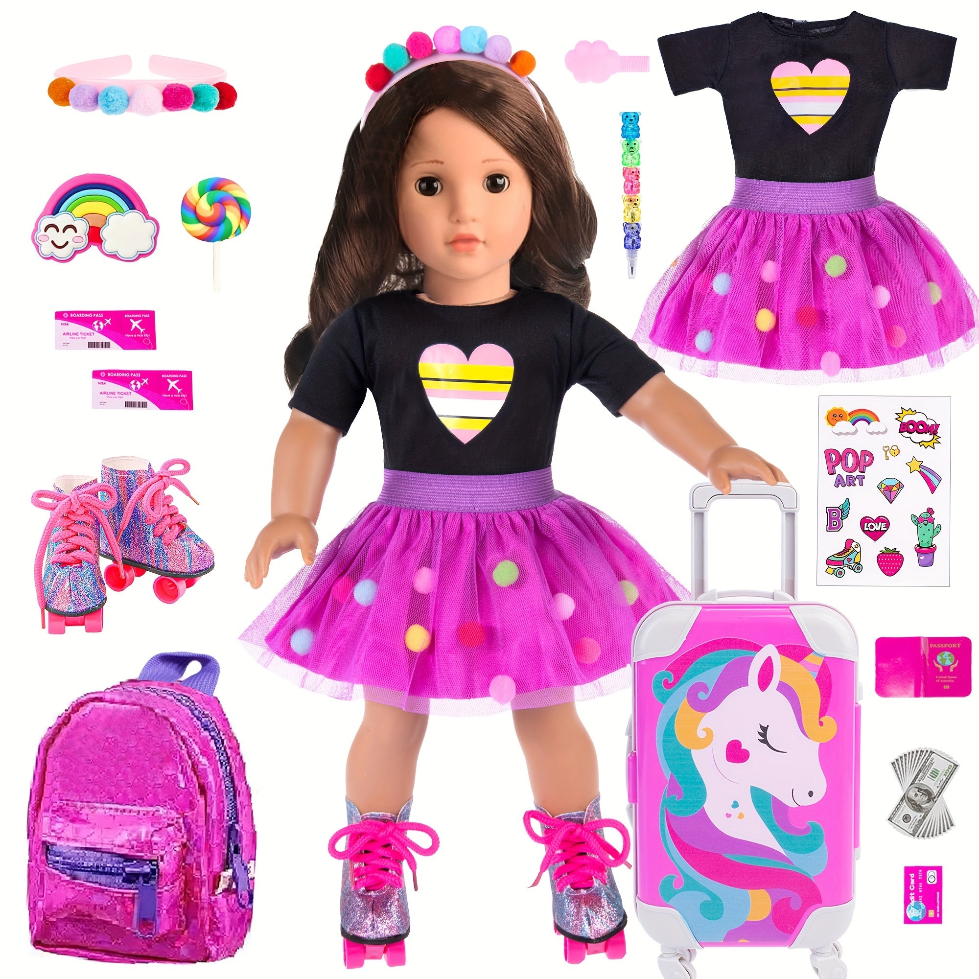 18 Inch Doll Travel Set | Purple Unicorn Set Including Dress, Suitcase, Roller Skates, Hairpin, Hair Ring - Polyester Fiber