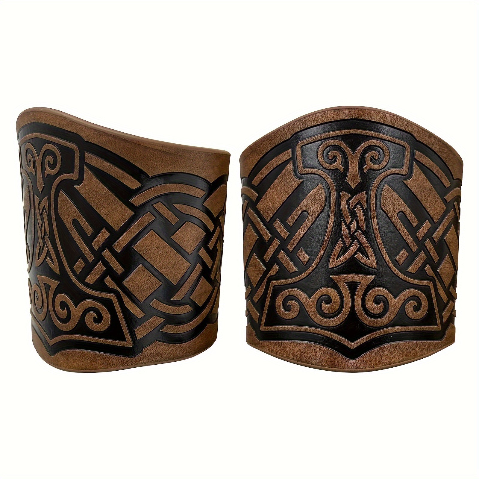 2pcs Viking Embossed Faux Leather Cuff Bracelets - Norwegian Vintage Wristbands with Nordic Mjolnir & Vegvisir Designs