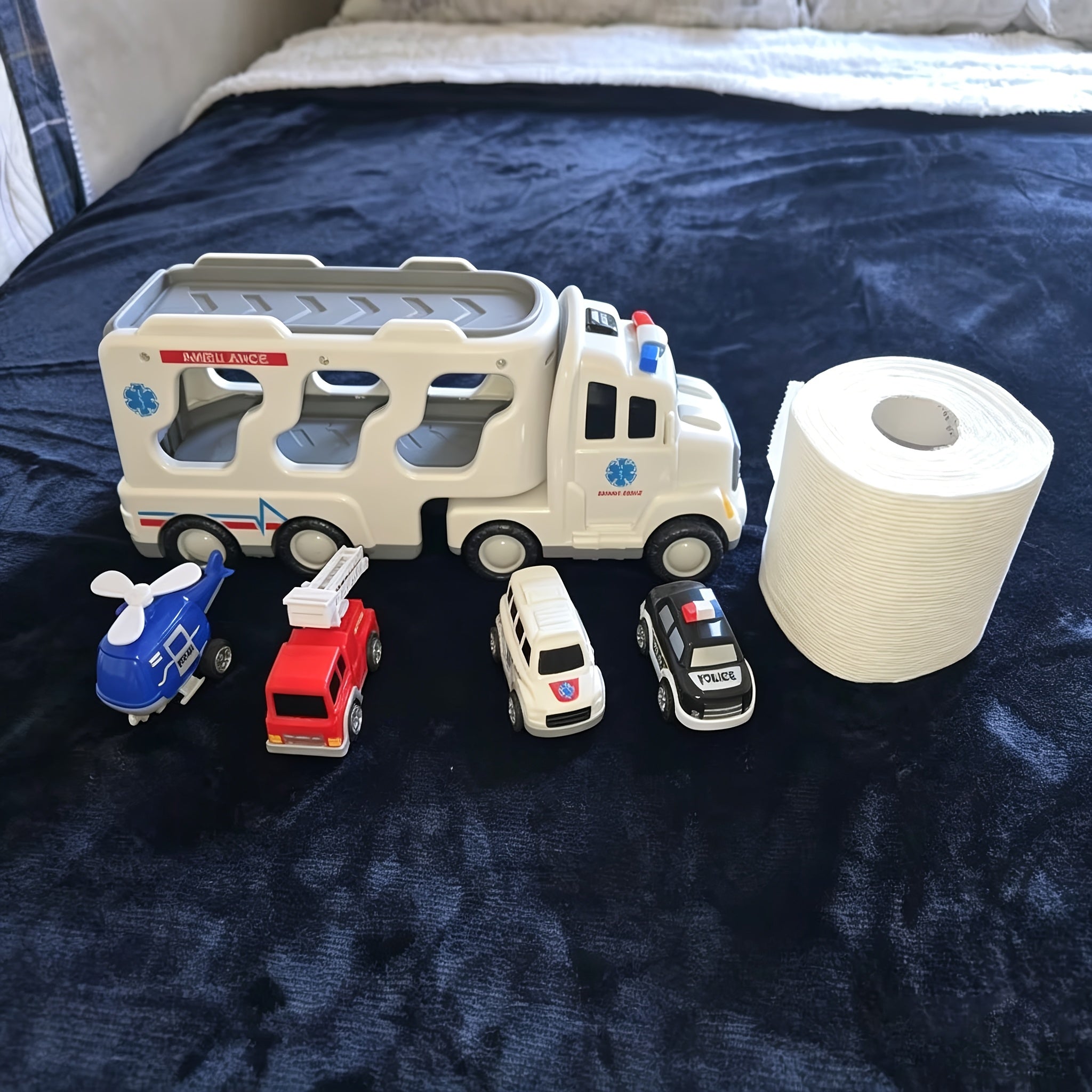 Ambulance/ Construction Truck Toys, 5in 1 Carrier Trucks Cars for Boy Toys Birthday, Car Trucks Friction Power Toys with Light Sound