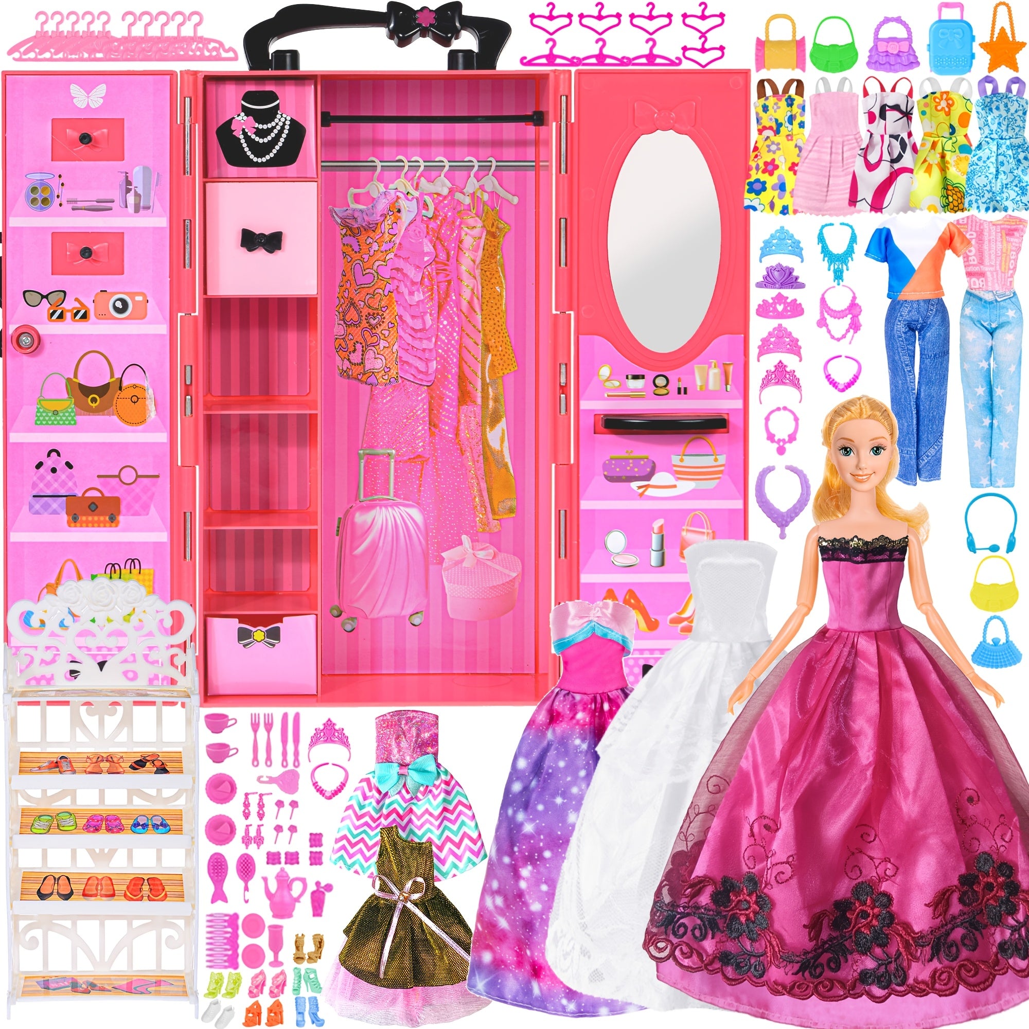 140pcs 11.5 Inch Girl Doll Closet Fashion DIY Wardrobe with Clothes And Accessories Including Doll, Wardrobe, Wedding Dress, Shoes, Necklace, Bags And More (Include Doll)
