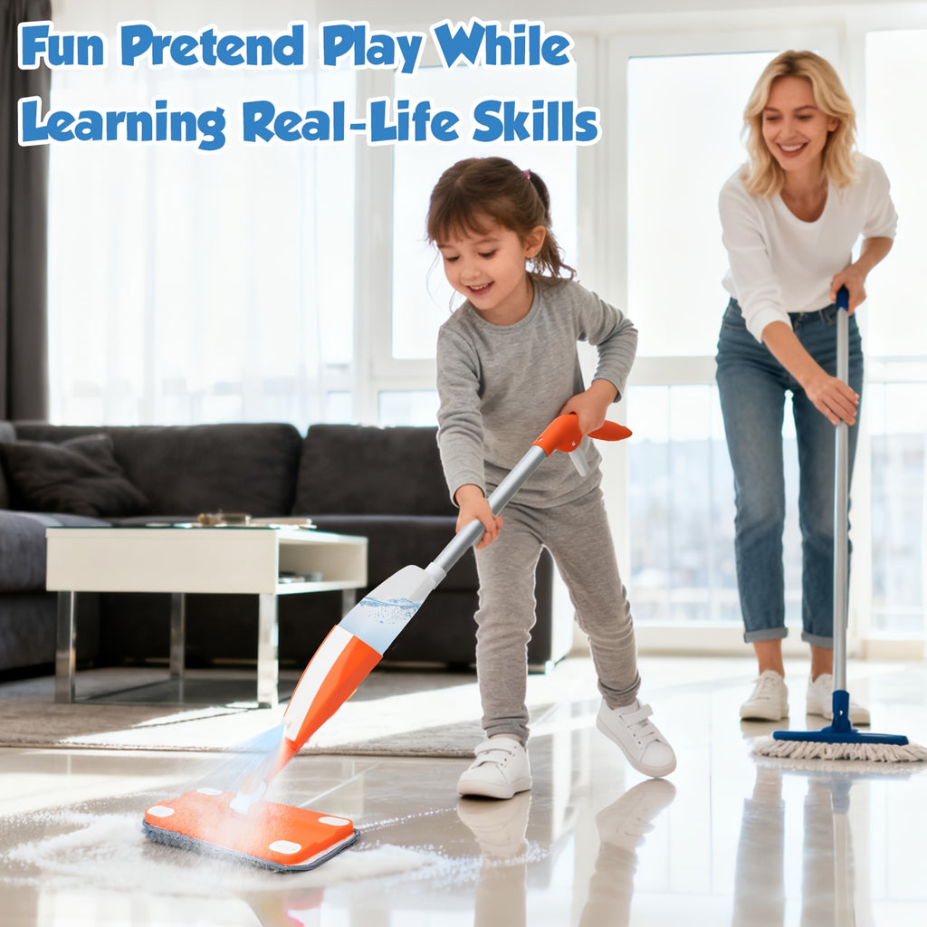 Kids Spray Mop - Real Work Cleaning Toy Kit with Water Sprayer & Washable Pad, Children's Play House Toys - Mini Mop & Broom - Interactive Learning Toy for Children 3+ Years Old, Best for Christmas, Perfect for Thanksgiving, Birthday Gifts
