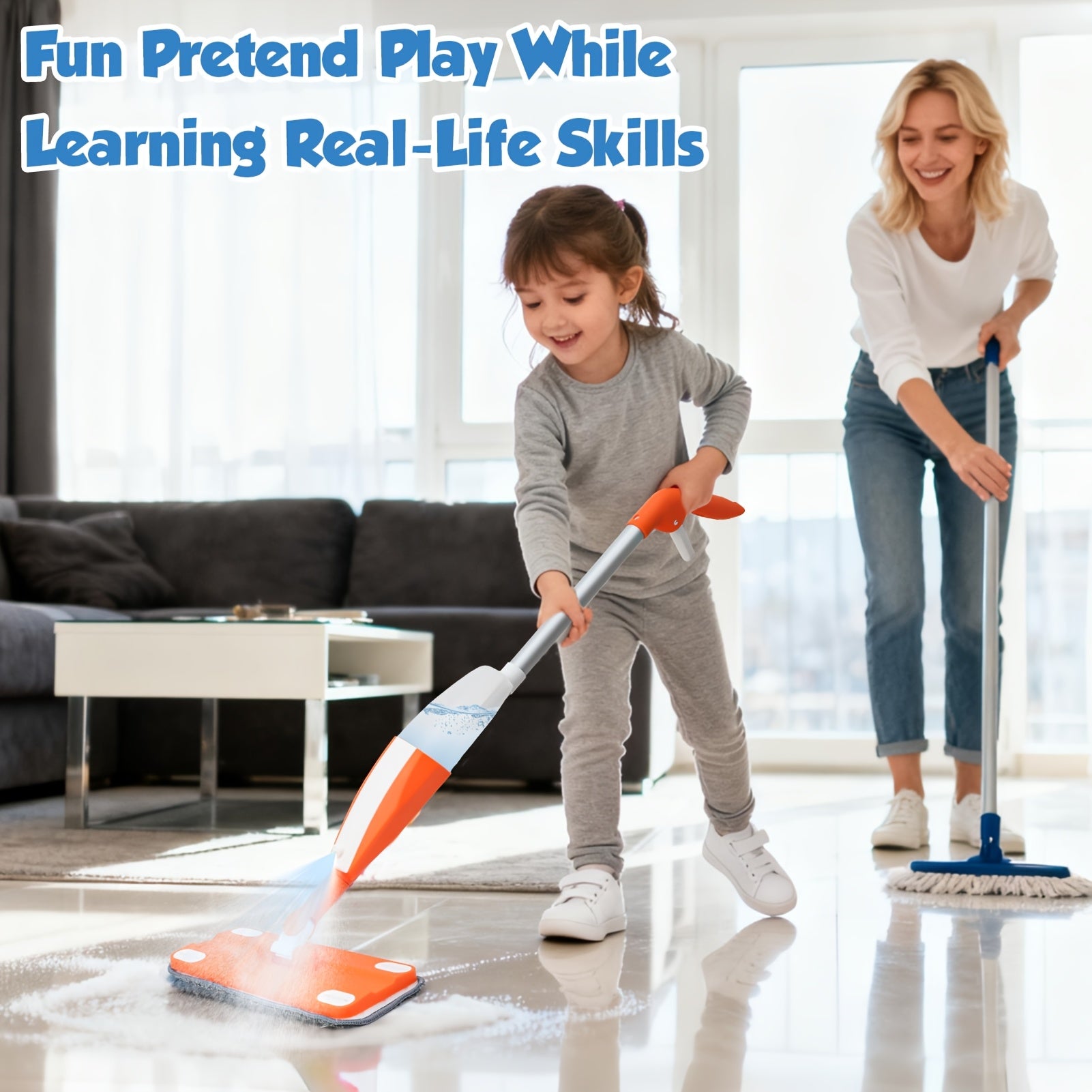 Kids Spray Mop - Real Work Cleaning Toy Kit with Water Sprayer & Washable Pad, Children's Play House Toys - Mini Mop & Broom - Interactive Learning Toy for Children 3+ Years Old, Best for Christmas, Perfect for Thanksgiving, Birthday Gifts