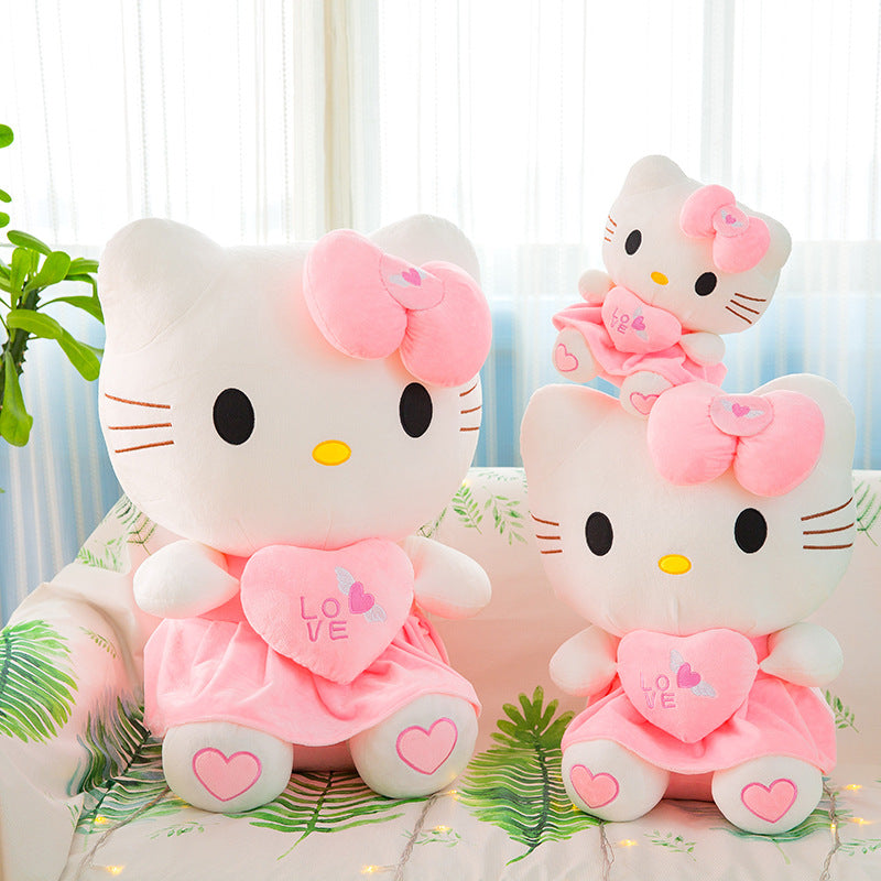 Licensed Sanrio Hello Kitty Plush Doll - Pink & White Kitten with Hugging Heart, Soft Cuddly KT Cat Toy, Officially Licensed Collectible Stuffed Animal, & s, Cute Gift (White Face & Pink Outfit)