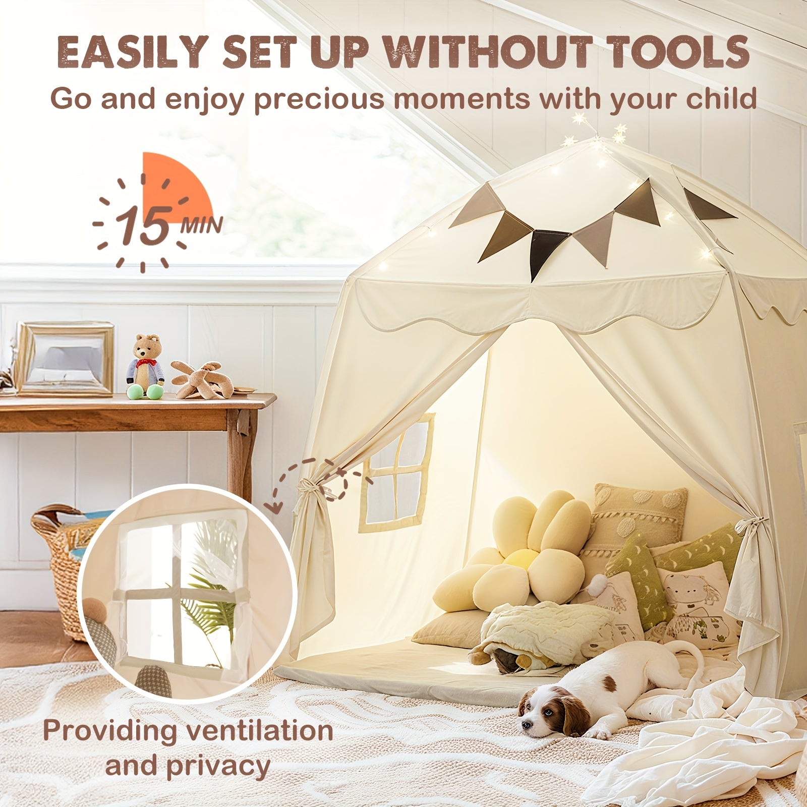 Extra Large Kids Play Tent with Flags, Portable & Foldable Teepee, Indoor Outdoor Dome Tent Playhouse, Bed Tent Bed Canopy for Boys & Girls, 59x39x59in, Toys Not Include, Christmas & Halloween