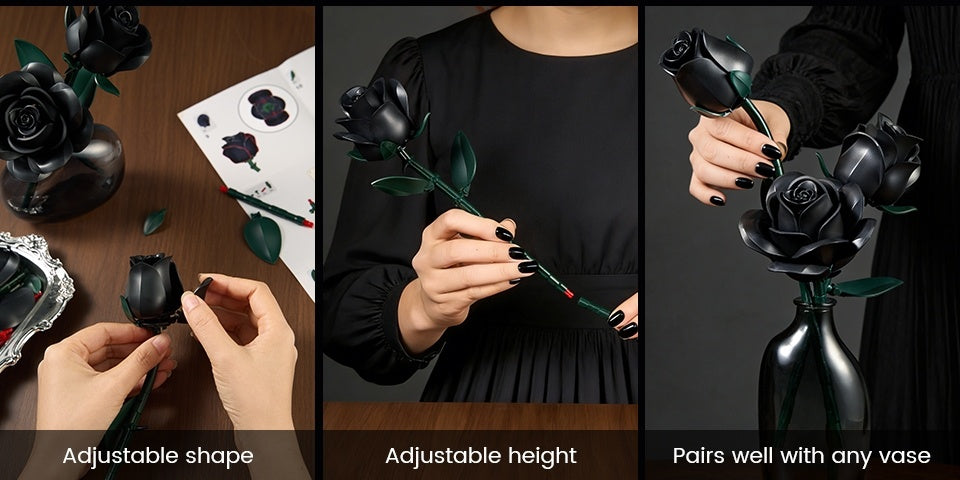 Special Party Gift Gothic Black Rose Flower Artificial Flower Art Piece Background Bouquet Building Set 3 Rose Building Pieces Set 152pcs