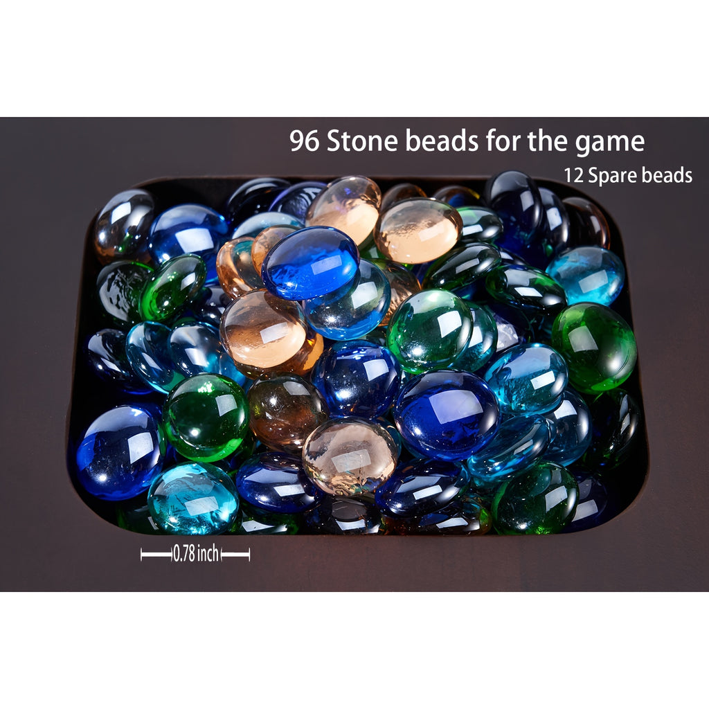 Mancala 4 Player Board Game Set, Luxury Solid Wood Folding Mancala Board, 96+12 Bonus Multi Color Glass Stone Beads Game Instructions Included, Ideal Halloween/Christmas Gift