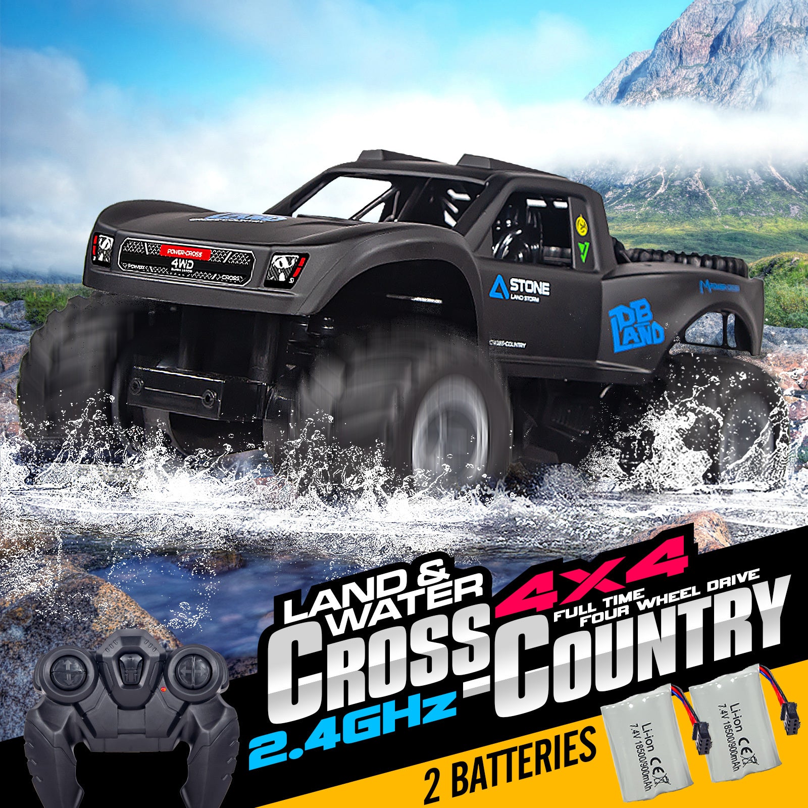 RC Trucks 4x4 Offroad Waterproof 1:16 Amphibious Remote Control Car with 2 Rechargeable Battery 4WD All Terrain Monster Truck RC Car for Boys 4-7 gift present